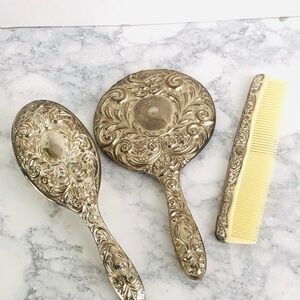 Vintage Silver Plated Ornate Hand Mirror, Brush and Comb Vanity Set